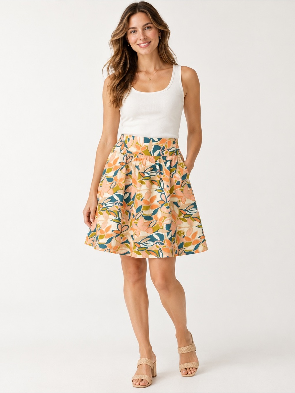 J.Crew Floral Cotton A-Line Skirt Size 0 Peach Teal Green Pocketed